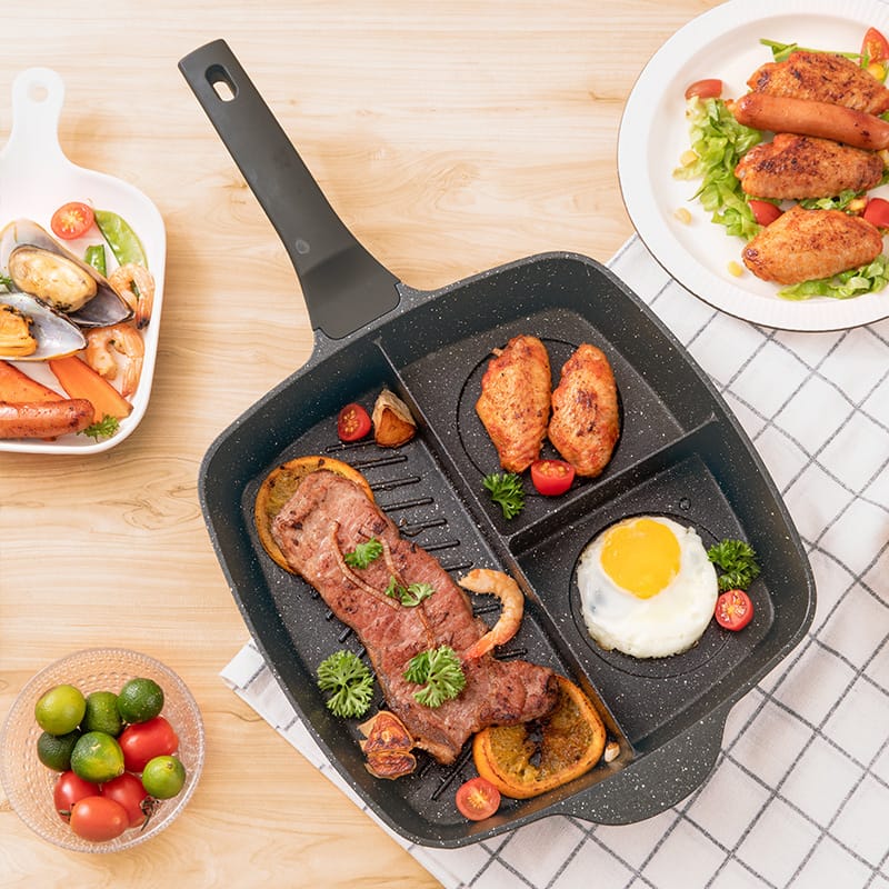 1 0 3in1 Black Breakfast Pan Sartén antiadherente de piedra médica tres en uno multifunción