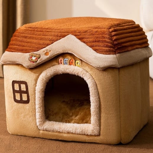 1 0 Brown Bear Castle / Large Caseta plegable para perros, cama para gatos, villa de invierno para perros, caseta para dormir, nido extraíble, cueva cálida y cerrada, sofá para mascotas