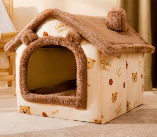 1 0 Brown bear / Large Caseta plegable para perros, cama para gatos, villa de invierno para perros, caseta para dormir, nido extraíble, cueva cálida y cerrada, sofá para mascotas