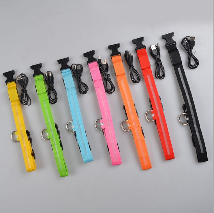 1 0 Collar luminoso LED de nailon para perros, seguridad nocturna, intermitente, que brilla en la oscuridad, correa ajustable para perros y gatos