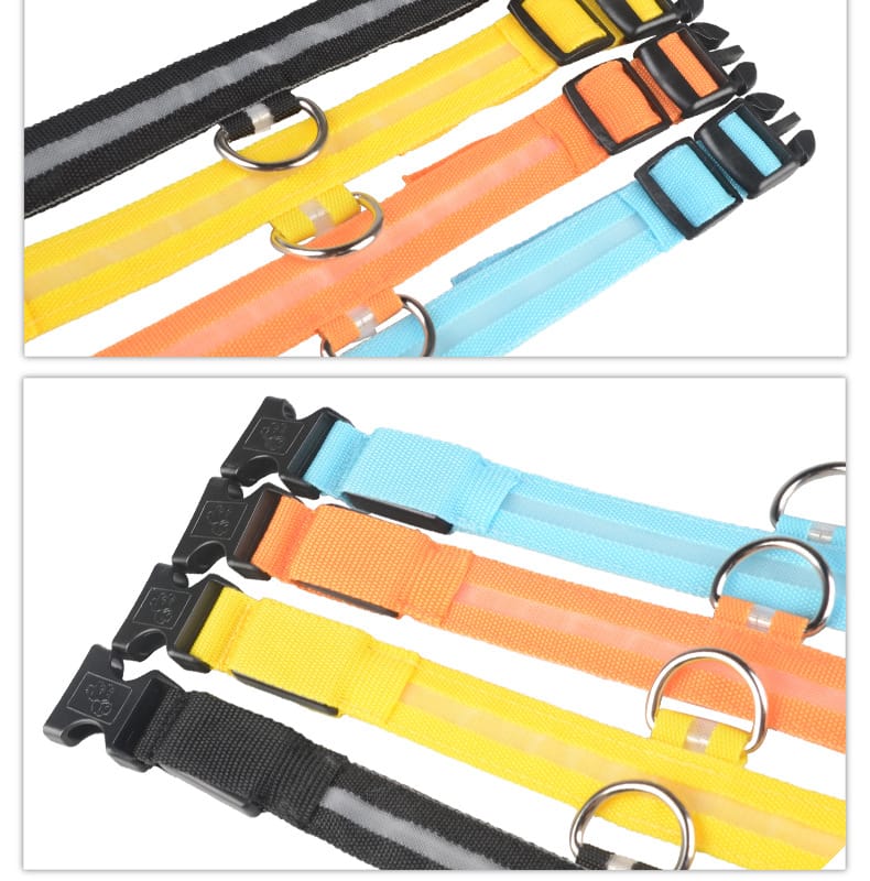 1 0 Collar luminoso LED de nailon para perros, seguridad nocturna, intermitente, que brilla en la oscuridad, correa ajustable para perros y gatos