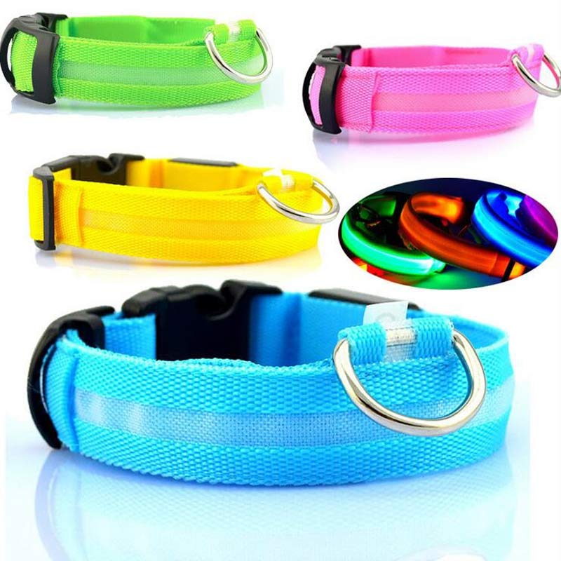 1 0 Collar luminoso LED de nailon para perros, seguridad nocturna, intermitente, que brilla en la oscuridad, correa ajustable para perros y gatos