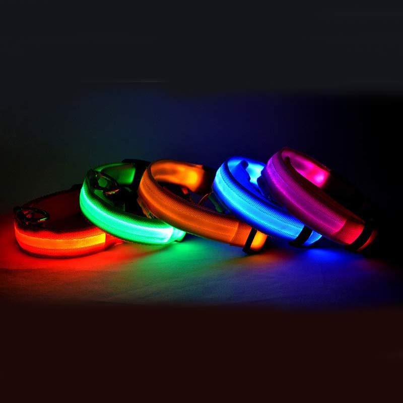 1 0 Collar luminoso LED de nailon para perros, seguridad nocturna, intermitente, que brilla en la oscuridad, correa ajustable para perros y gatos