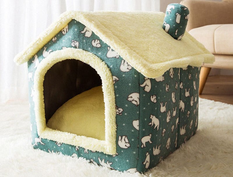 1 0 Green bear den / Large Caseta plegable para perros, cama para gatos, villa de invierno para perros, caseta para dormir, nido extraíble, cueva cálida y cerrada, sofá para mascotas