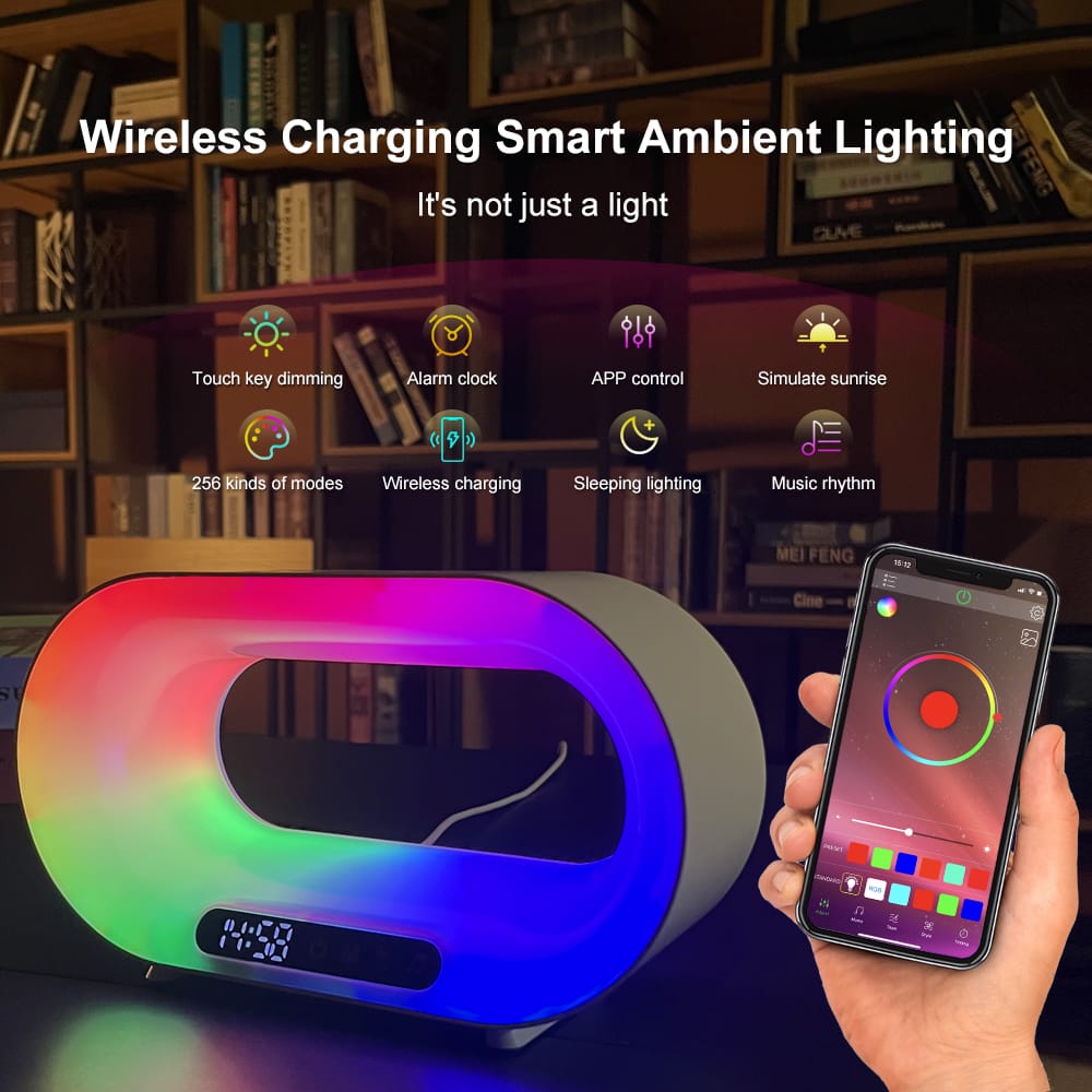 1 0 USB / White Lámpara de escritorio LED multifuncional 3 en 1 con control por aplicación, iluminación ambiental RGB, cargador inalámbrico inteligente y despertador.