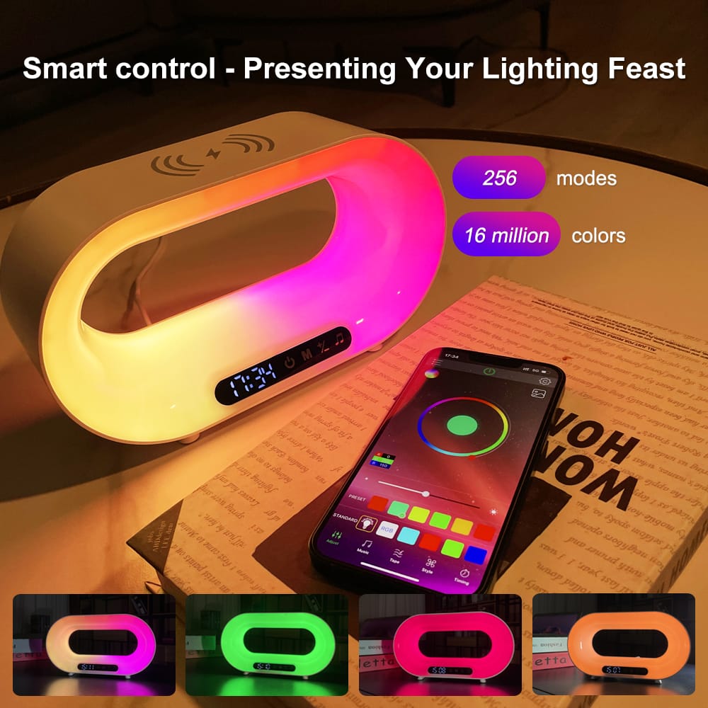 1 0 USB / White Lámpara de escritorio LED multifuncional 3 en 1 con control por aplicación, iluminación ambiental RGB, cargador inalámbrico inteligente y despertador.