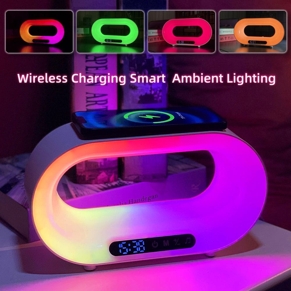 1 0 USB / White Lámpara de escritorio LED multifuncional 3 en 1 con control por aplicación, iluminación ambiental RGB, cargador inalámbrico inteligente y despertador.