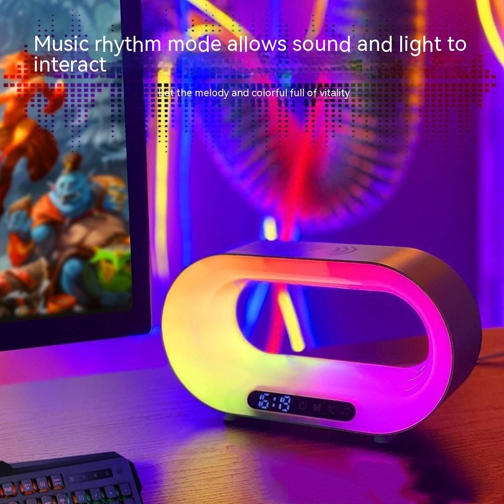 1 0 USB / White Lámpara de escritorio LED multifuncional 3 en 1 con control por aplicación, iluminación ambiental RGB, cargador inalámbrico inteligente y despertador.
