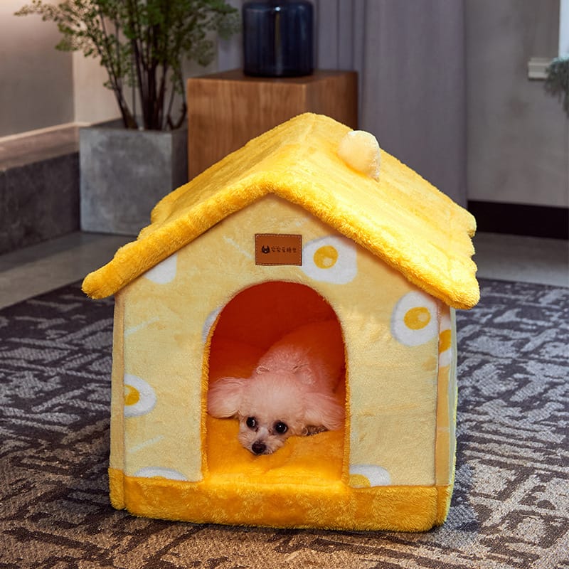 1 0 Yellow omelette / Large Caseta plegable para perros, cama para gatos, villa de invierno para perros, caseta para dormir, nido extraíble, cueva cálida y cerrada, sofá para mascotas