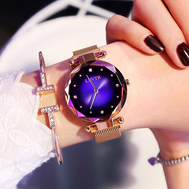 1 1 Azul Reloj de oro rosa para mujer con diamantes cielo estrellado e imán