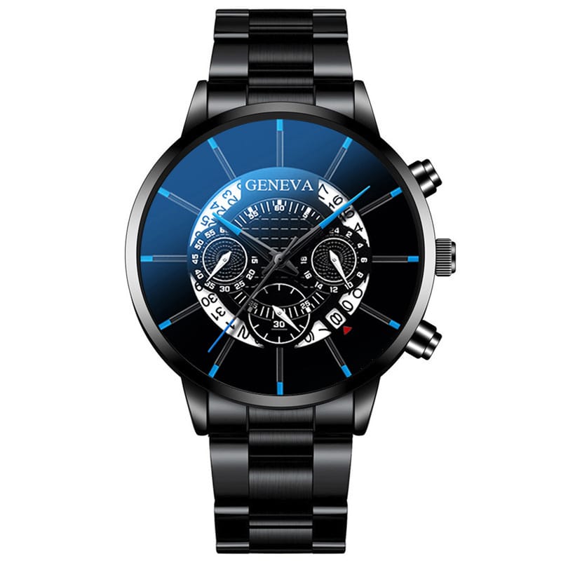 1 1 Black Blue Reloj de cuarzo con calendario y correa de acero; múltiples variantes en color y estilo