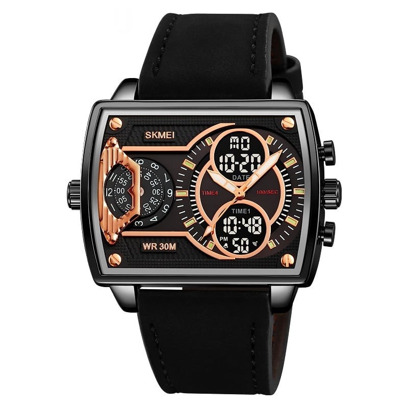 1 1 Black Shell Black Belt Reloj Skmei de cuarzo de alta gama con personalidad de moda para hombres