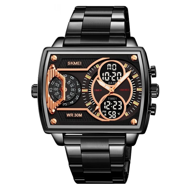 1 1 Black Shell Black Steel Belt Reloj Skmei de cuarzo de alta gama con personalidad de moda para hombres