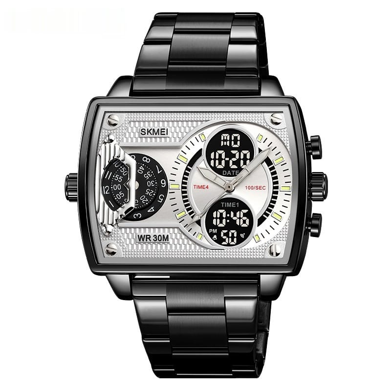 1 1 Black Shell Silver Steel Belt Reloj Skmei de cuarzo de alta gama con personalidad de moda para hombres