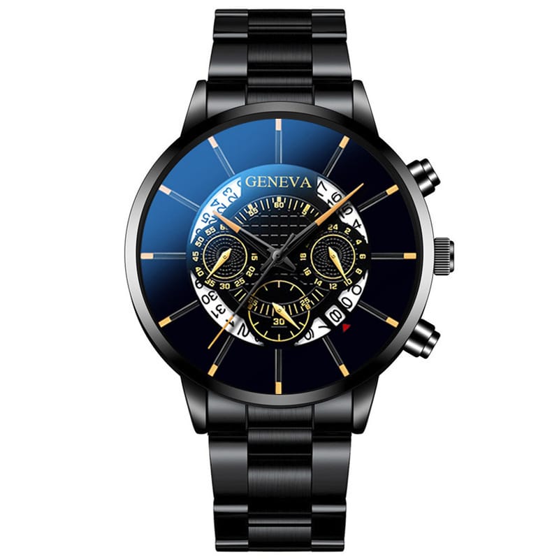 1 1 Black Yellow Reloj de cuarzo con calendario y correa de acero; múltiples variantes en color y estilo
