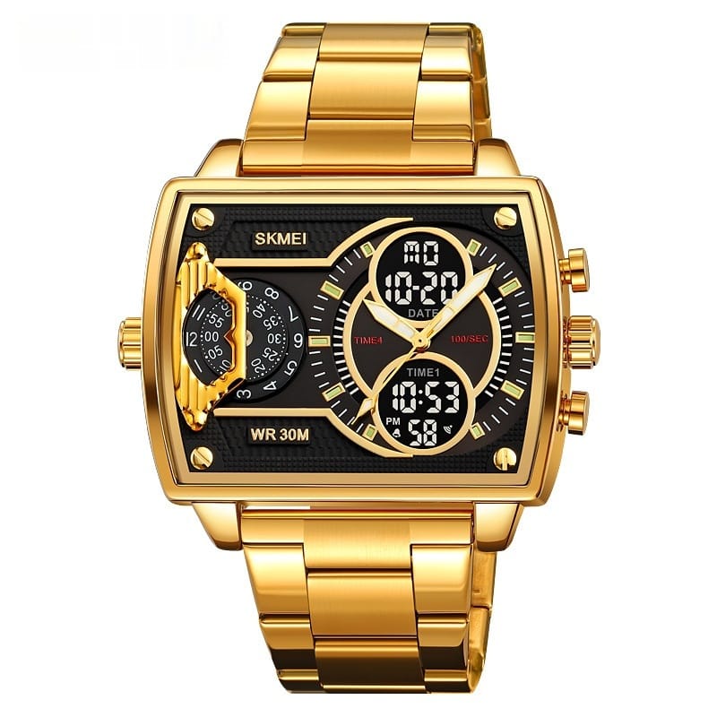1 1 Gold Shell Black Steel Belt Reloj Skmei de cuarzo de alta gama con personalidad de moda para hombres