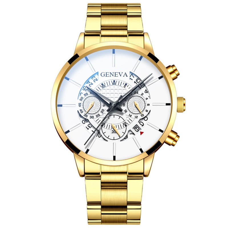 1 1 Gold White Reloj de cuarzo con calendario y correa de acero; múltiples variantes en color y estilo