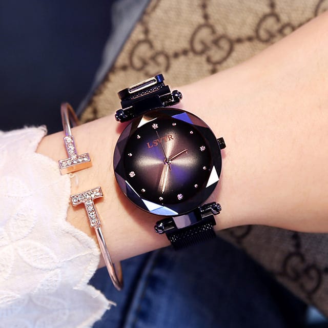 1 1 Negro Reloj de oro rosa para mujer con diamantes cielo estrellado e imán