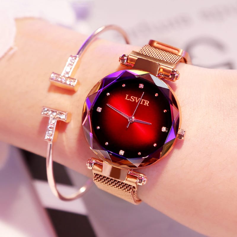 1 1 Rojo Reloj de oro rosa para mujer con diamantes cielo estrellado e imán