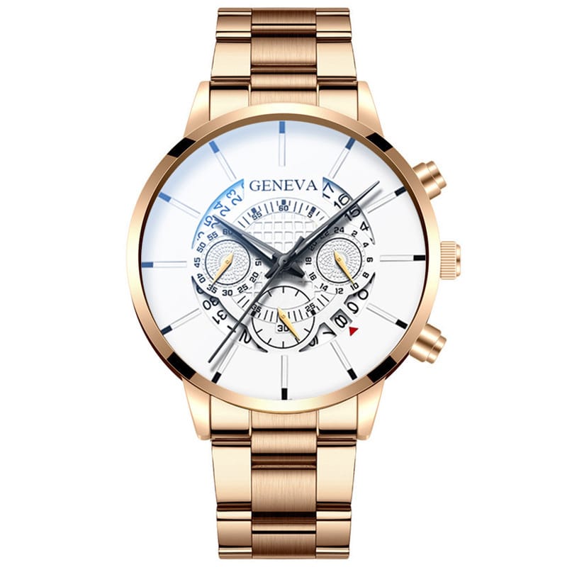 1 1 Rose Gold White Reloj de cuarzo con calendario y correa de acero; múltiples variantes en color y estilo