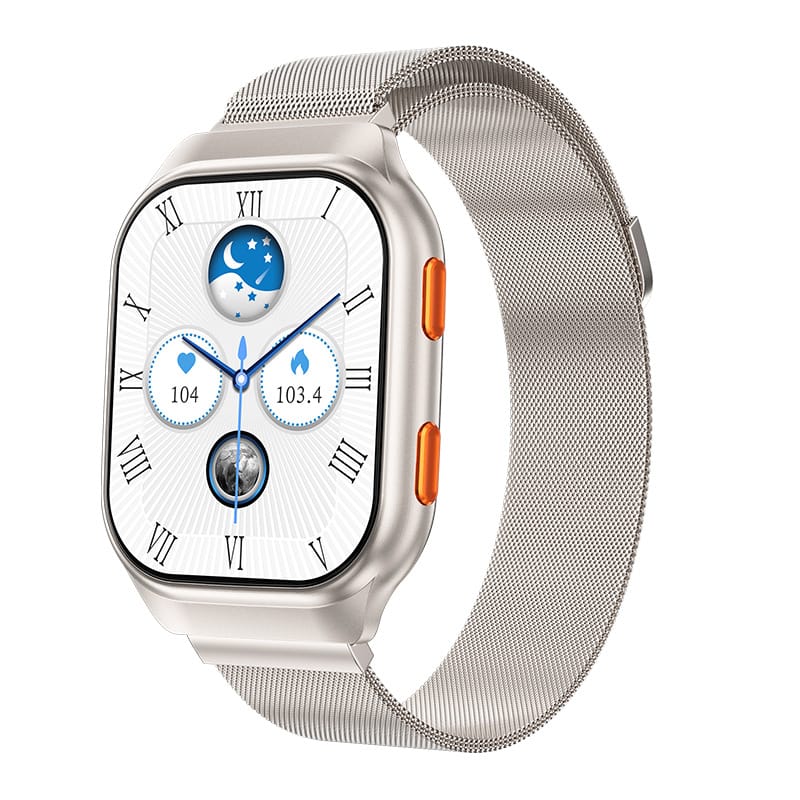 1 1 Silver Steel Reloj inteligente FW16E con llamadas inalámbricas, música y pantalla grande HD