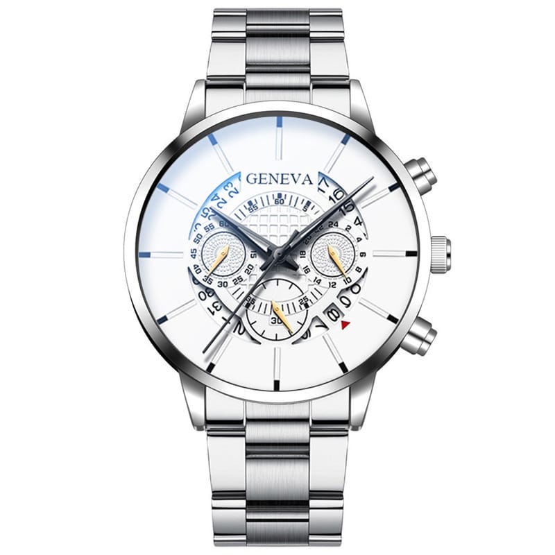1 1 Sliver White Reloj de cuarzo con calendario y correa de acero; múltiples variantes en color y estilo