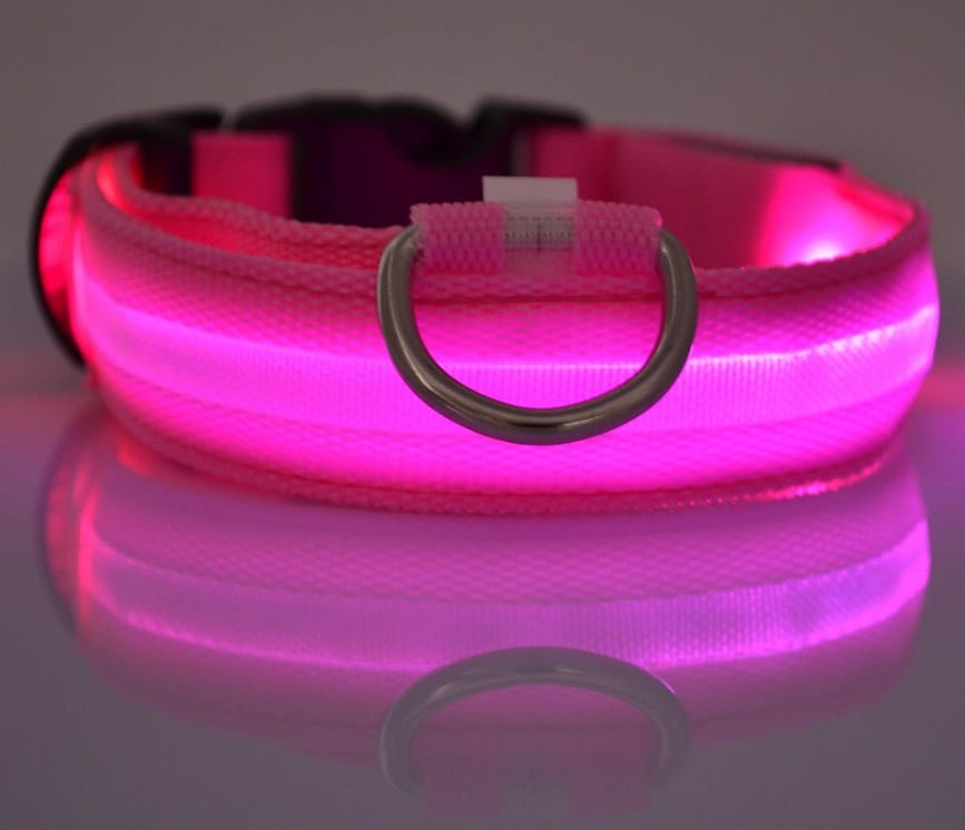 1 0 pink / L / battery Collar luminoso LED de nailon para perros, seguridad nocturna, intermitente, que brilla en la oscuridad, correa ajustable para perros y gatos